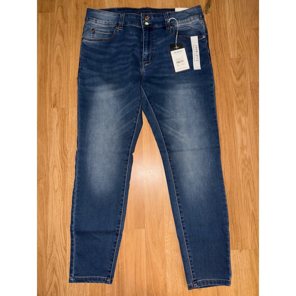 Tahari Charlotte Double Button Skinny Jeans Seta-Silk Denim Blue Size 14/32 NWT